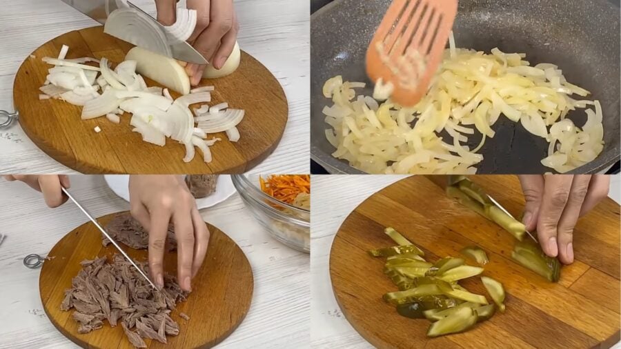 Вкусный салат из говядины и маринованных огурцов 
